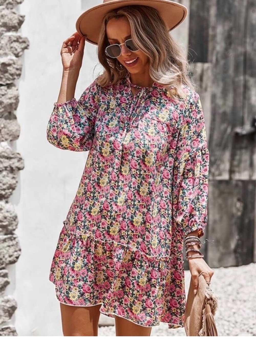 Kirundo Pink Floral Tiered Dress with Green and Cream Blooms S